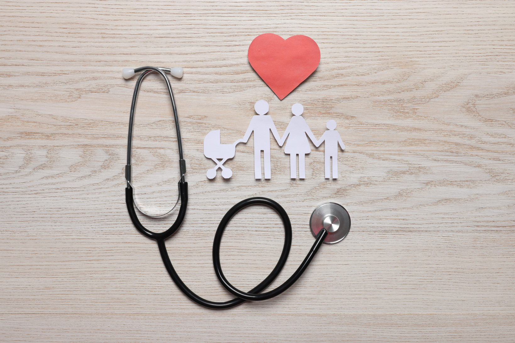 Paper  Cutout, Red Heart and Stethoscope on White Wooden Background, Flat Lay. Insurance Concept
